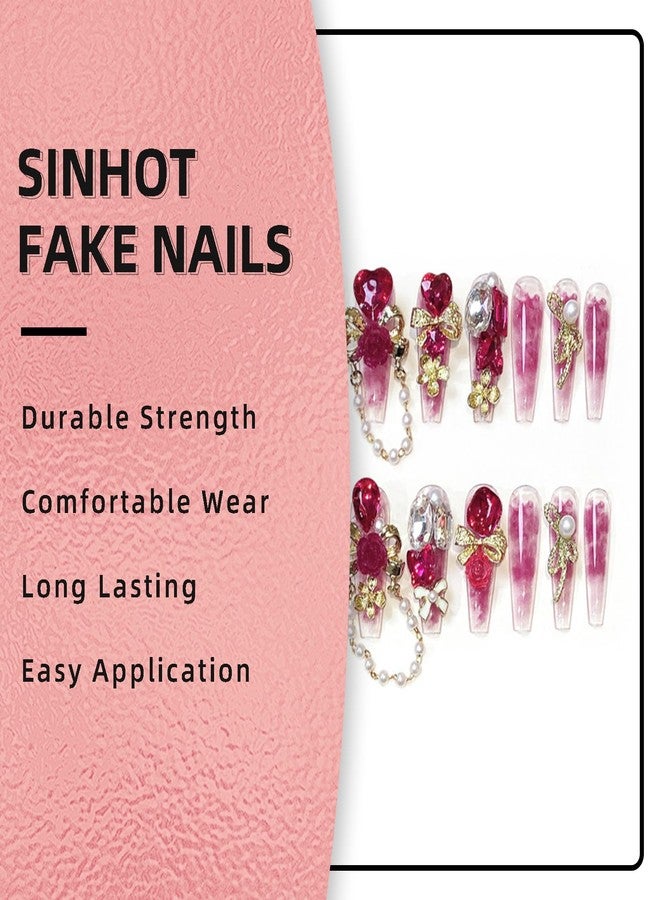 SINHOT Luxury Press on Nails - Long Coffin Fake Nails 3D Handmade Cute Pink Reusable False Nails with Rhinestone Designs,DIY Artificial Nail Art, 24pcs - Image 5